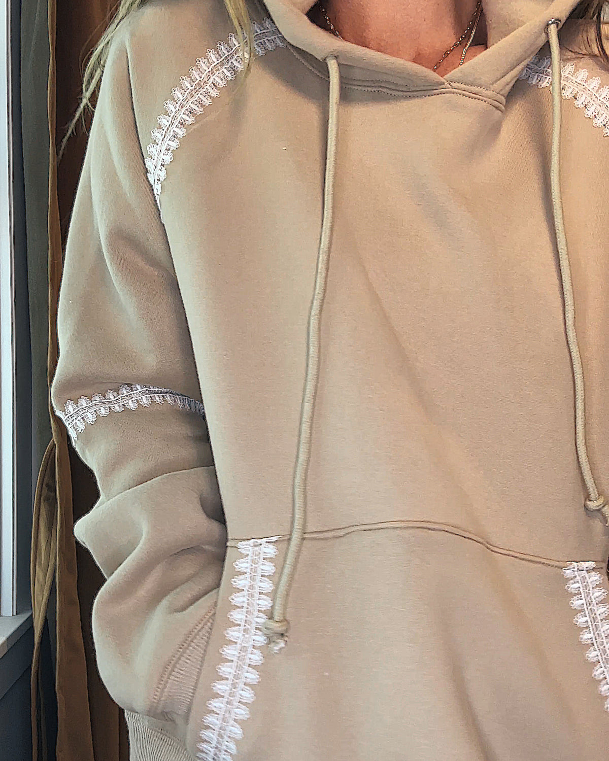 Lace Trim Oatmeal Hooded Sweatshirt