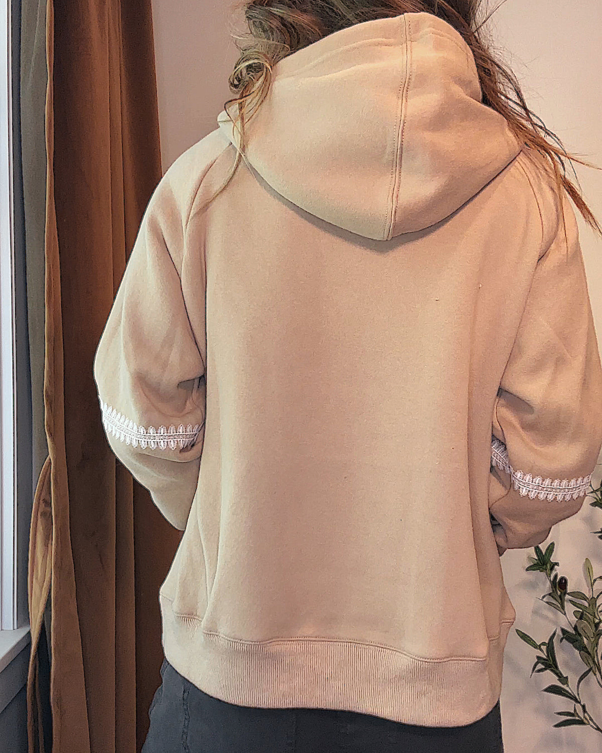 Lace Trim Oatmeal Hooded Sweatshirt